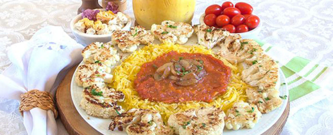 Baked Spaghetti Squash with Braised Garlic Tomato Sauce and Roasted Cauliflower